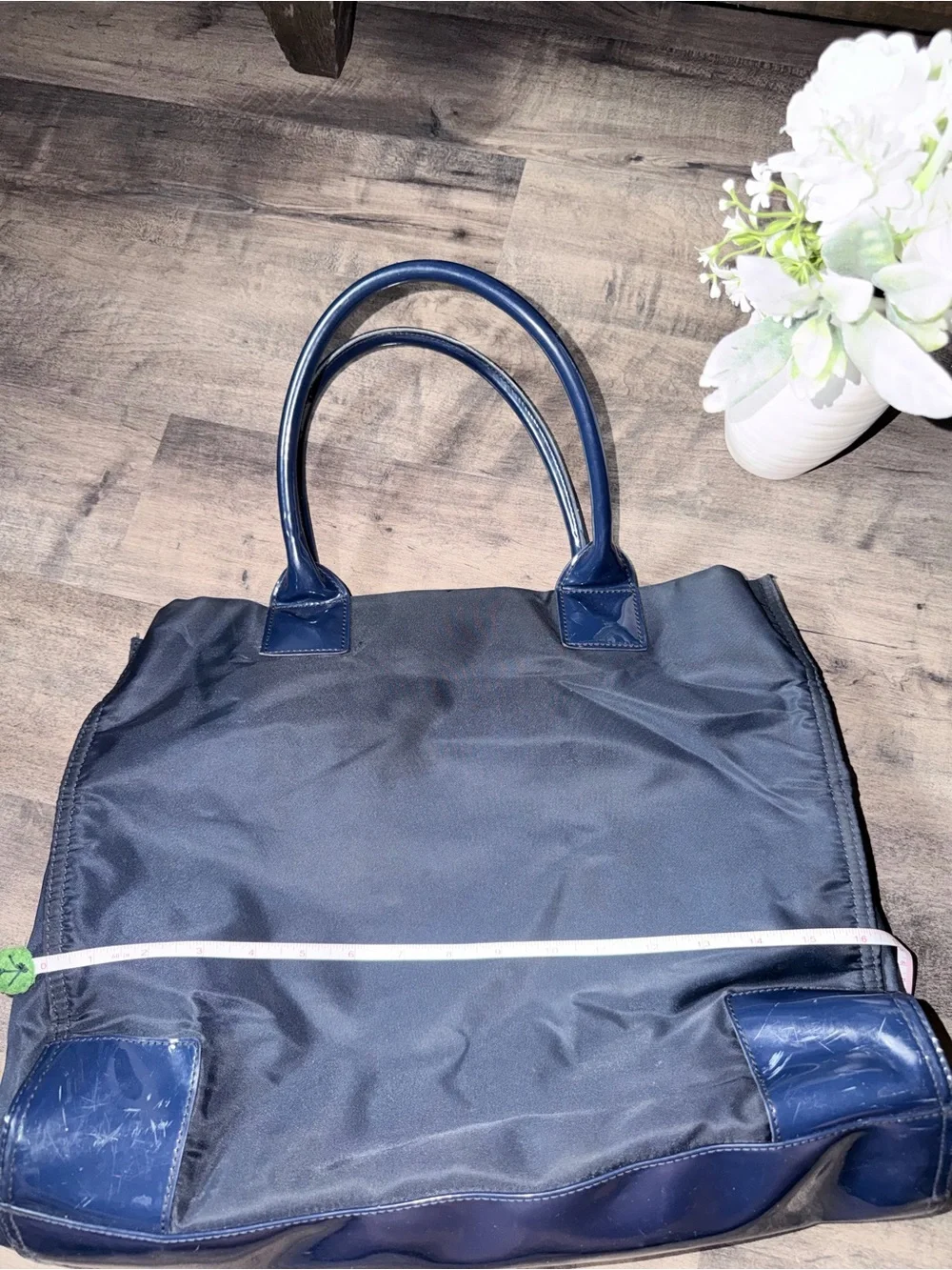 Tory Burch Ella classic Navy Logo Nylon Tote with Patent Trim